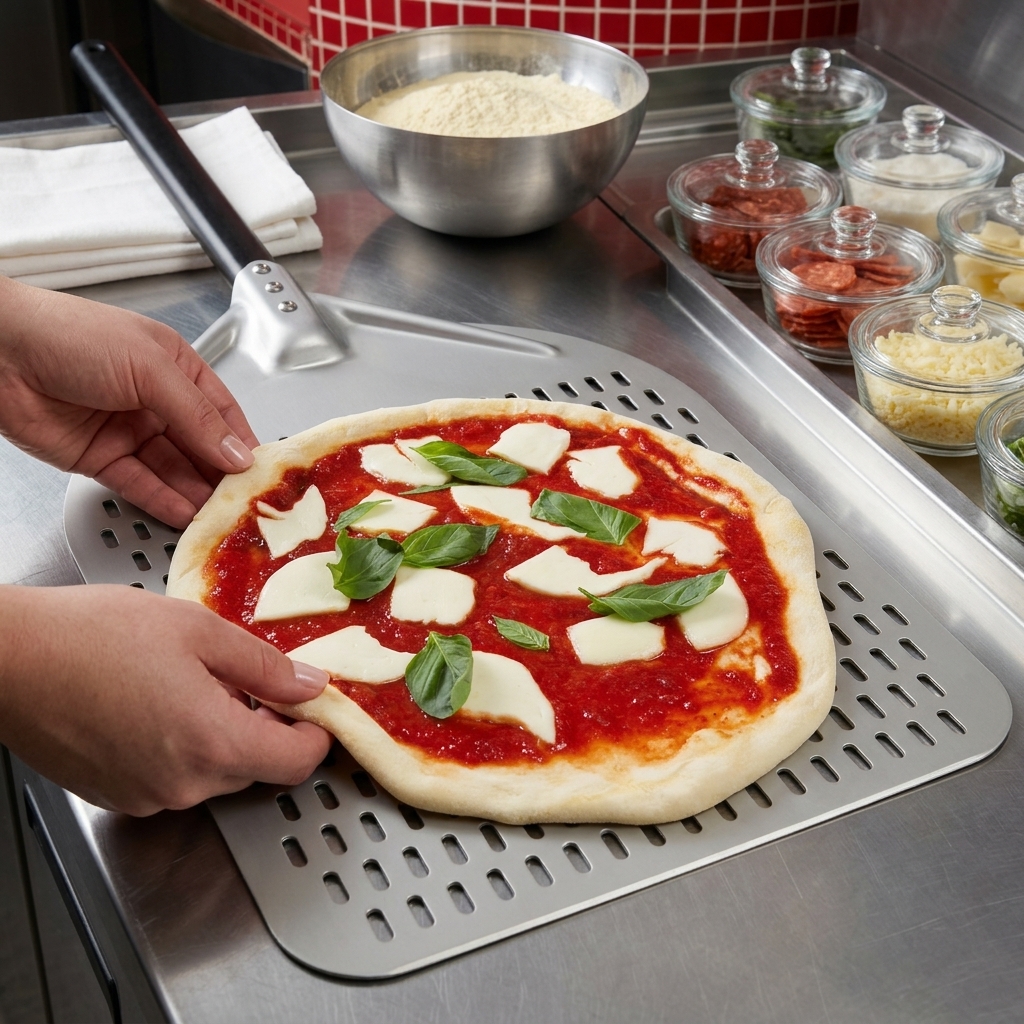Hands carefully stretching the edges of an unbaked Margherita pizza resting on a perforated metal pizza peel.