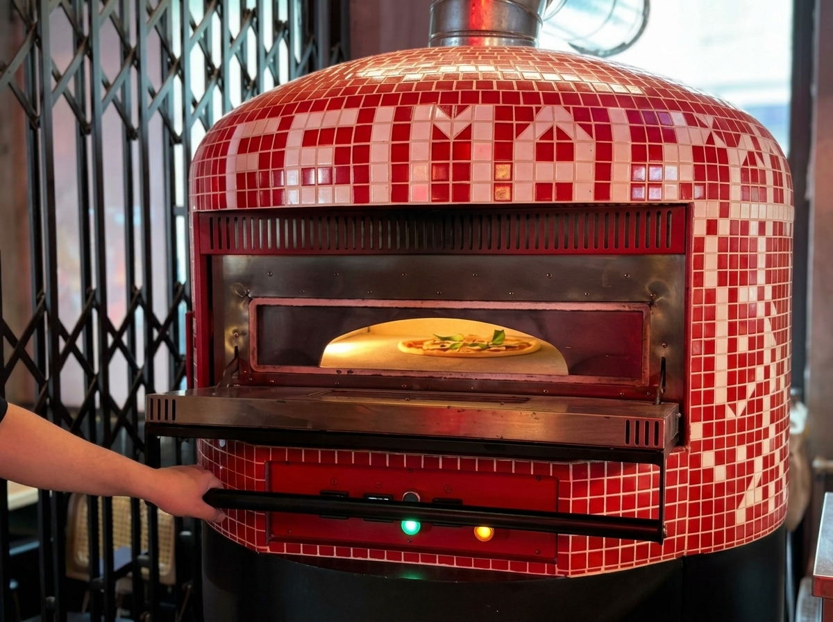 A raw Margherita pizza sitting inside a hot, red-tiled brick pizza oven.