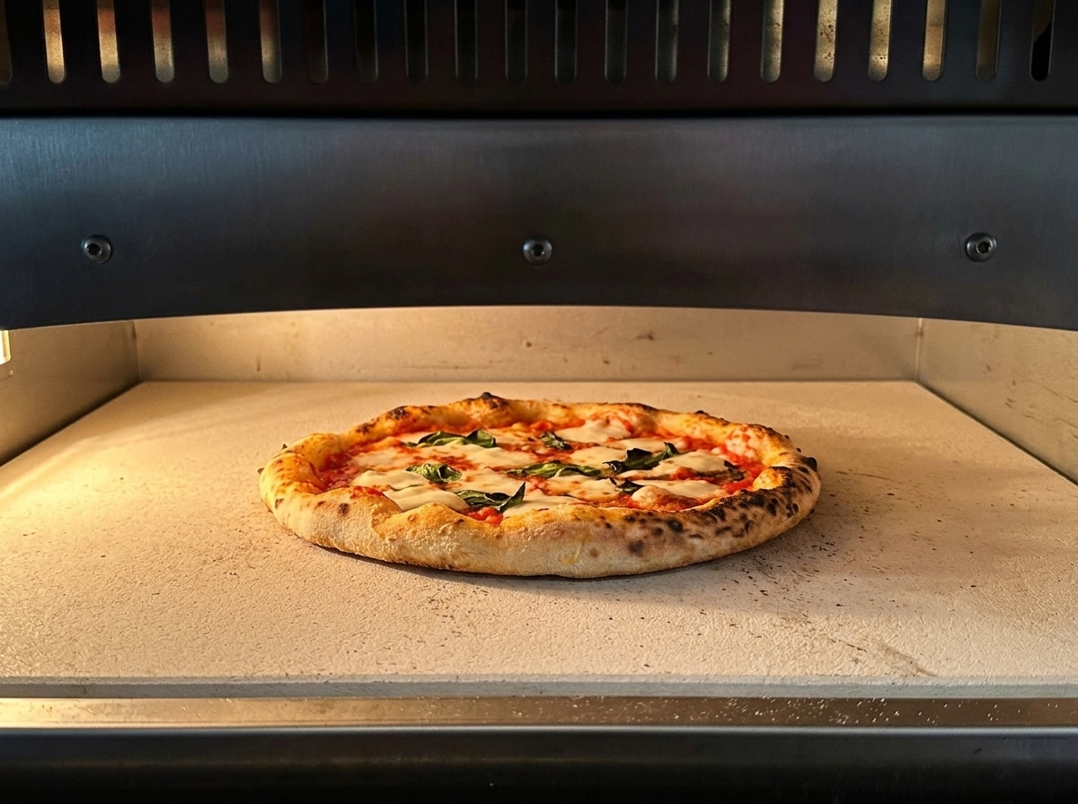 A Margherita pizza baking on the stone floor of an oven, with the crust visibly puffed and starting to brown.