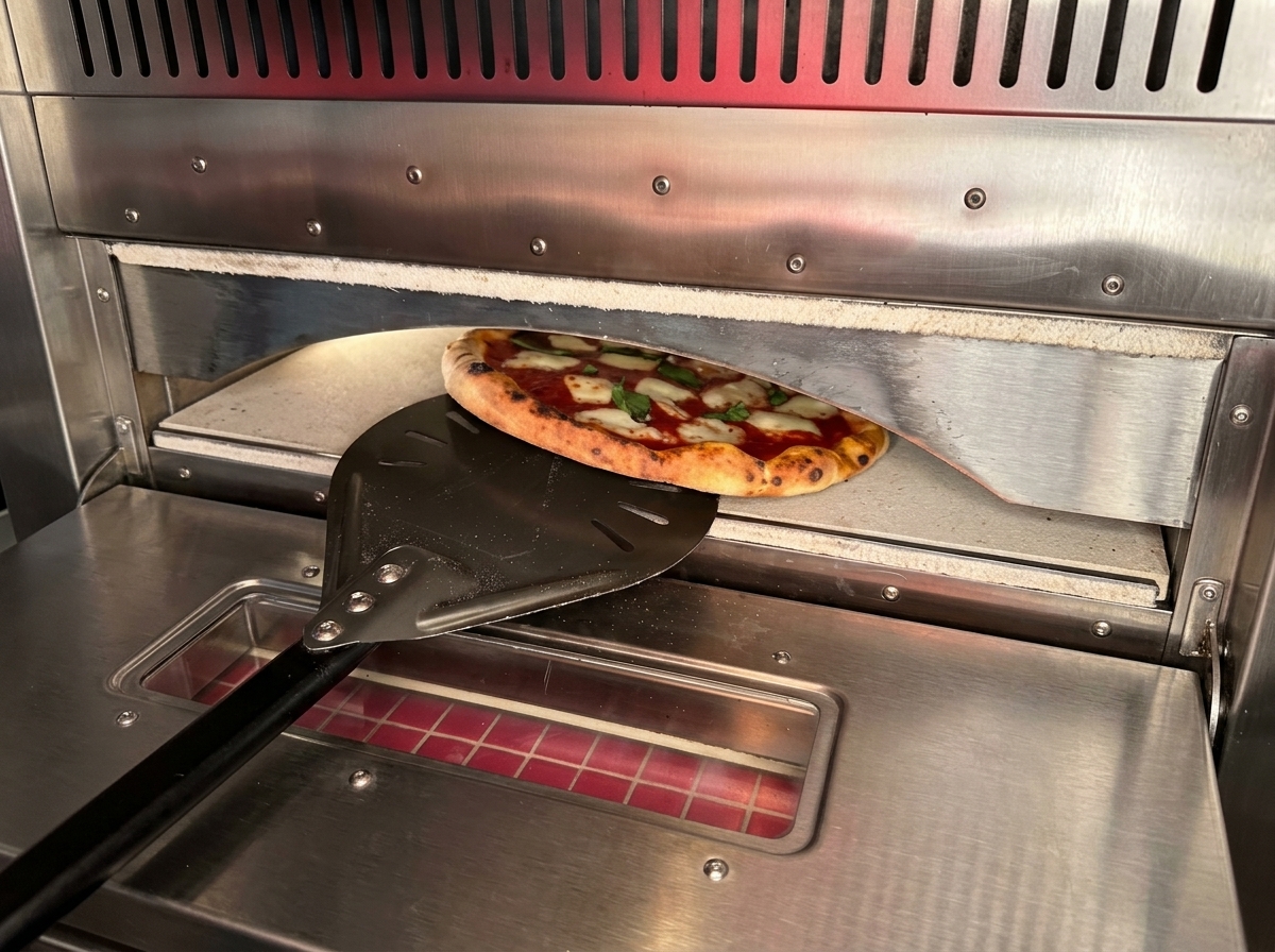 A fully baked Neapolitan pizza with a charred, blistered crust being pulled from the oven on a metal peel.