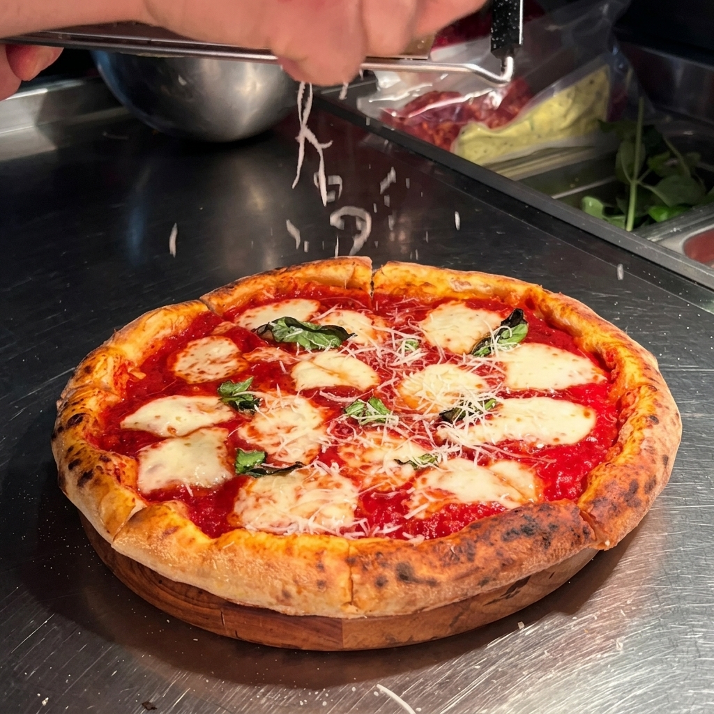 A person using a metal hand grater to shower fresh parmesan cheese over a sliced Margherita pizza on a wooden board.