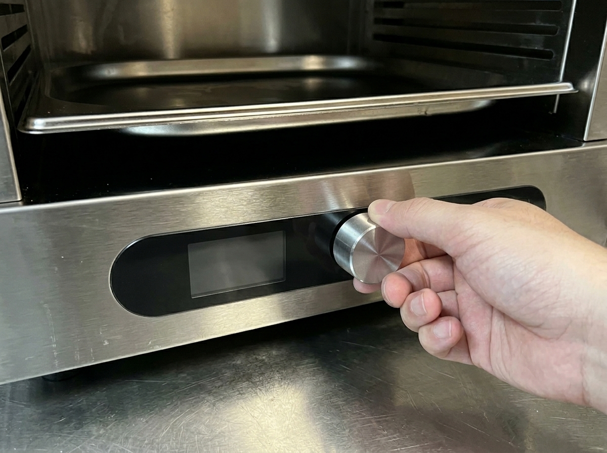 A close-up of a hand turning the temperature control dial on a stainless steel oven.