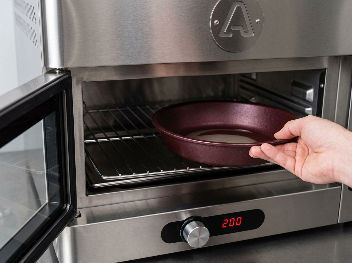 A hand placing a red cast iron pan inside a high-temperature stainless steel oven.