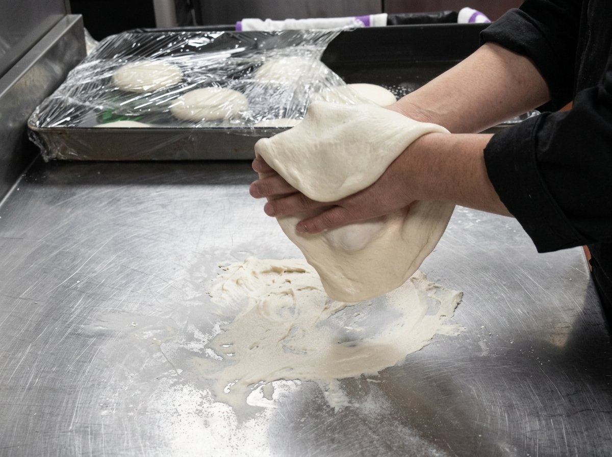 Hands holding and stretching a round piece of raw pizza dough in the air above a floured surface.
