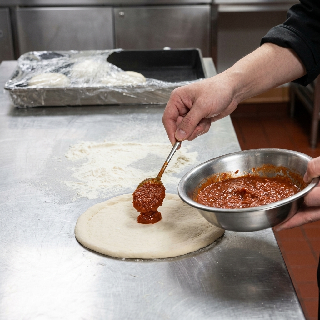 A chef pouring and spreading thick red tomato sauce onto the center of a pizza dough base with a spoon.