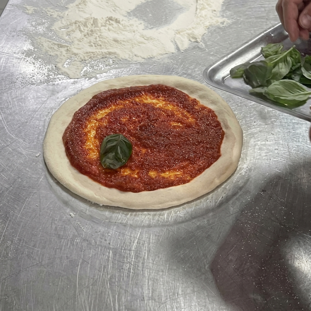 Pizza dough spread with red tomato sauce, with a few fresh basil leaves being placed on top.