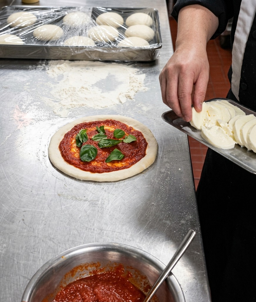 Chef holding a tray of sliced fresh mozzarella cheese next to a raw pizza crust topped with red sauce and basil leaves.