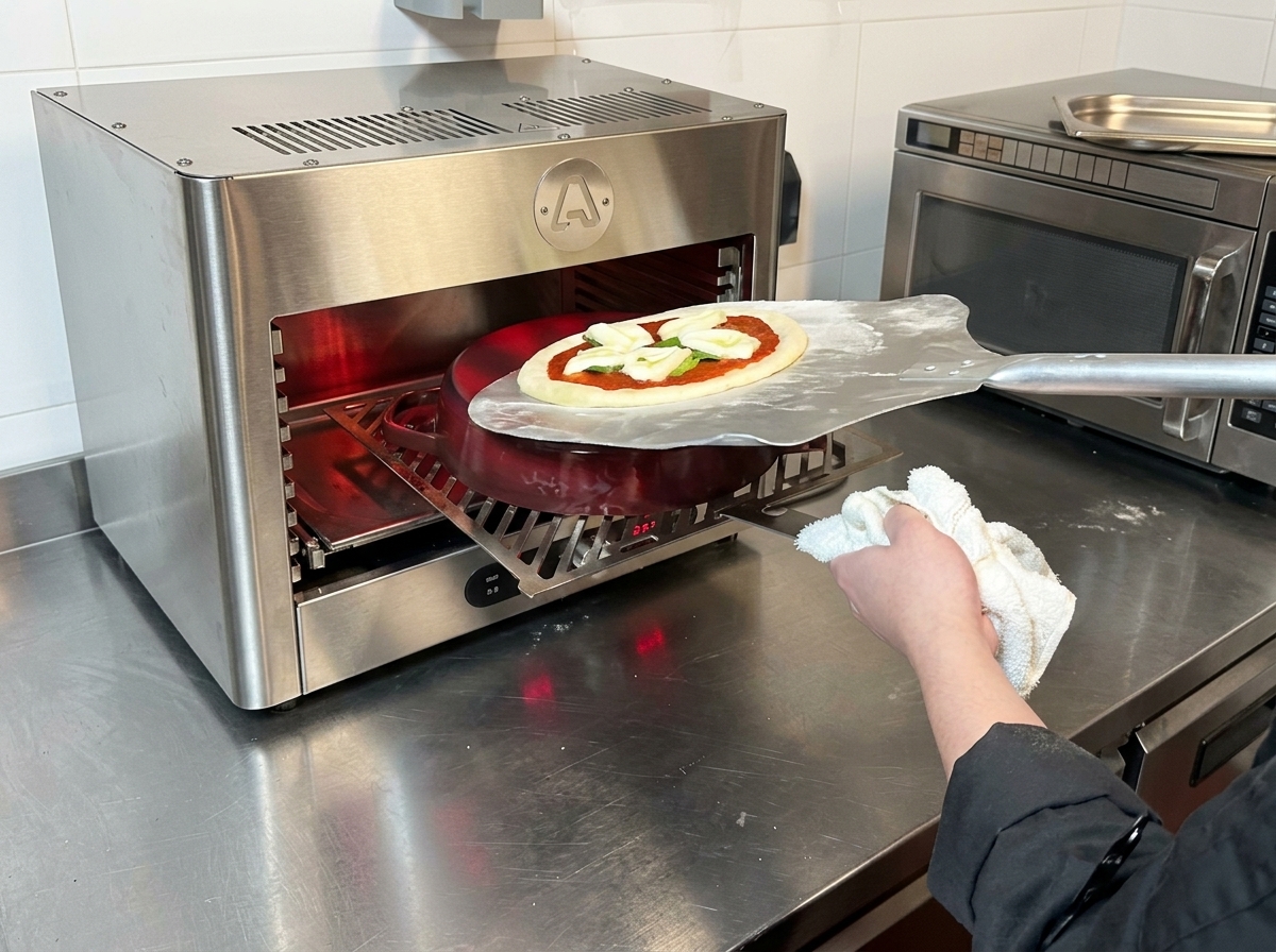A raw assembled pizza being slid from a metal pizza peel onto a red hot cast iron pan inside a high-temperature oven.