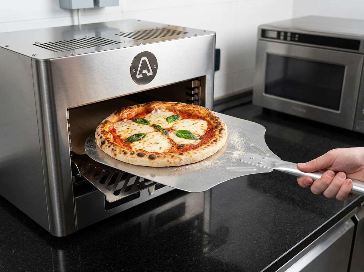 A fully baked pizza with a puffed, slightly charred crust and melted cheese being pulled out of an oven on a metal peel.