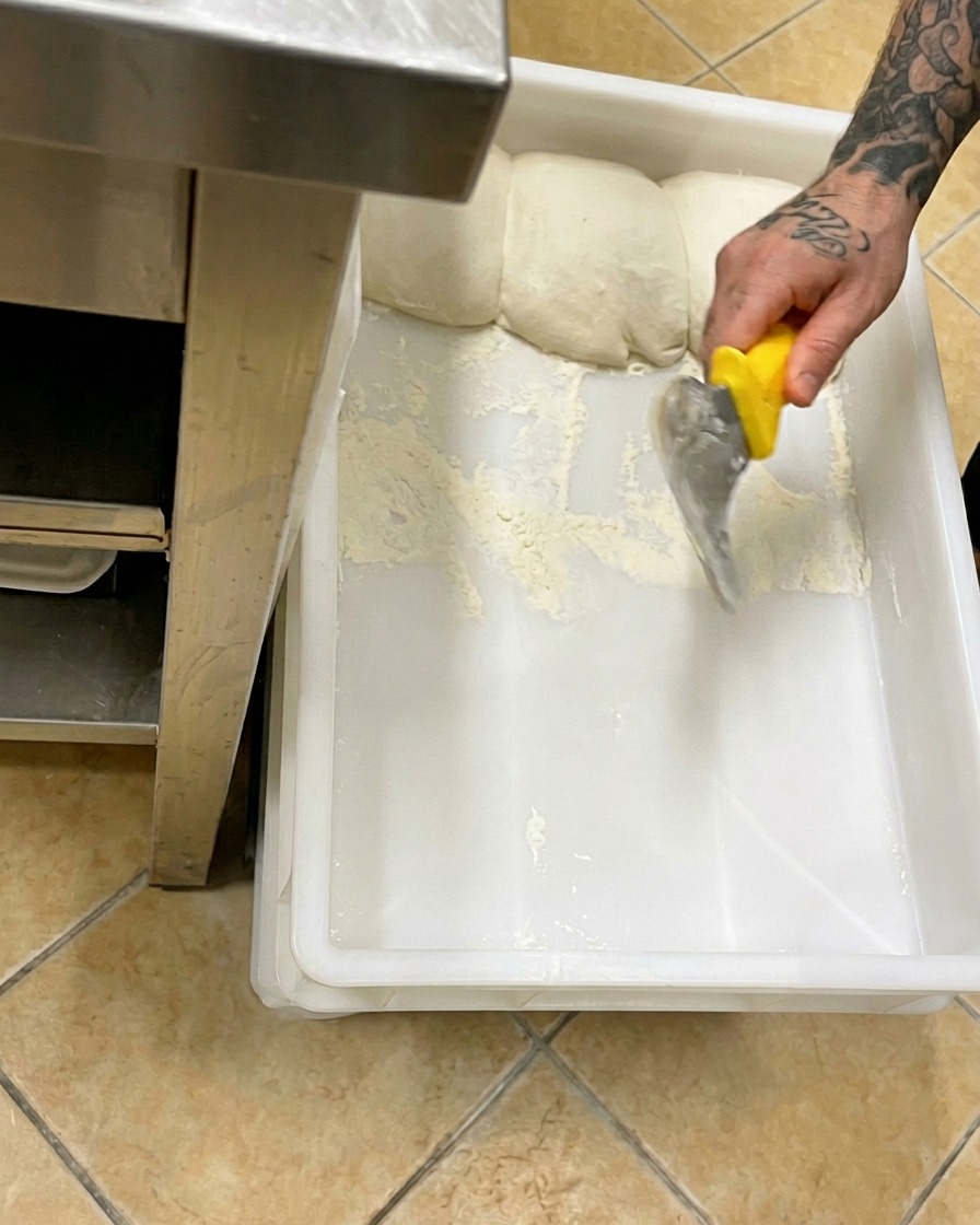 A hand using a yellow-handled scraper to carefully scoop a proofed dough ball from a white plastic proofing box.