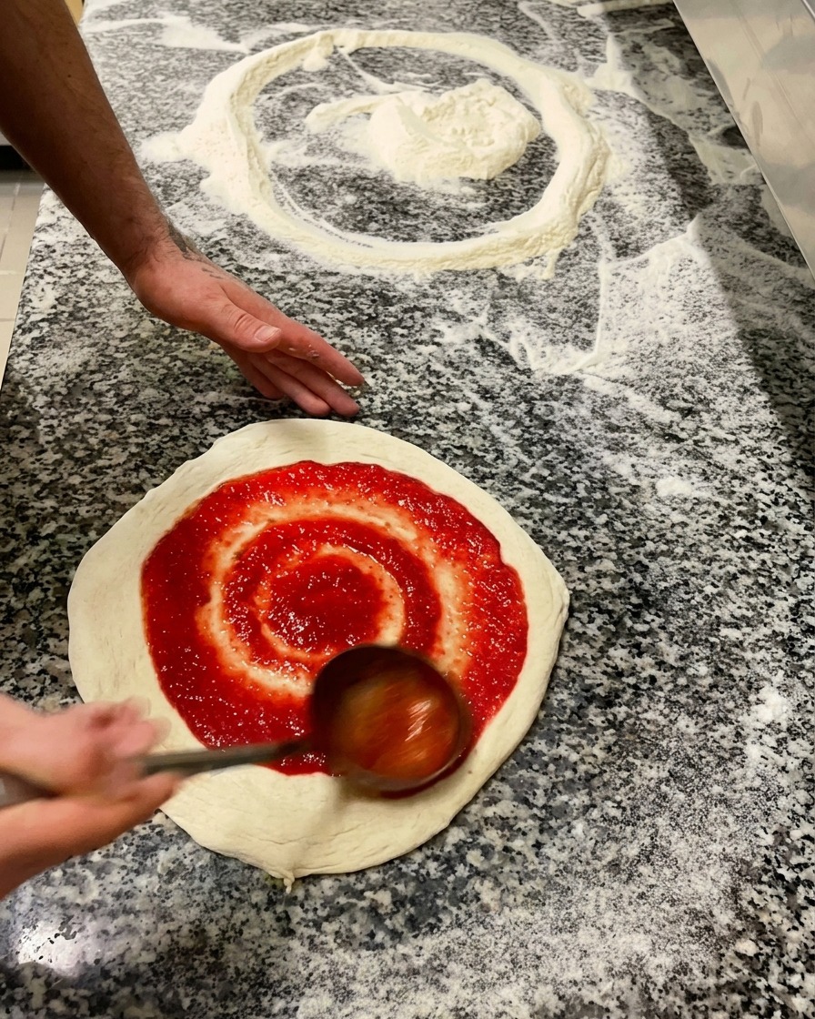 A person using a metal ladle to spread vibrant red tomato sauce in a circular motion on a raw pizza dough base.
