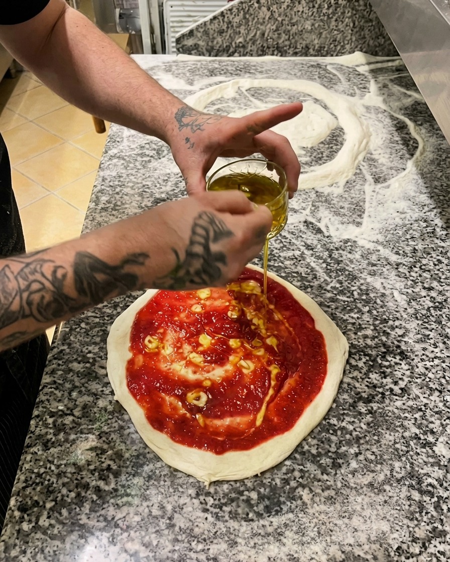 A person pouring golden, garlic-infused olive oil from a small glass bowl over a pizza crust topped with tomato sauce.