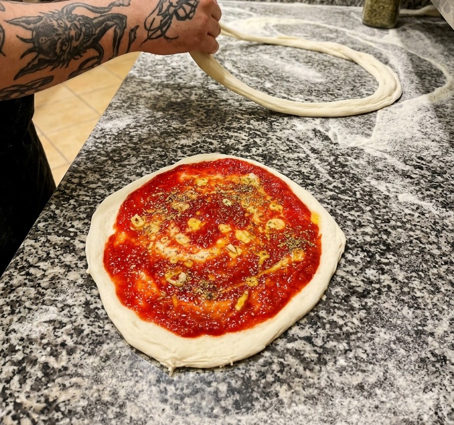 A raw pizza base topped with tomato sauce, garlic slices, and a dusting of dried oregano on a marble counter.