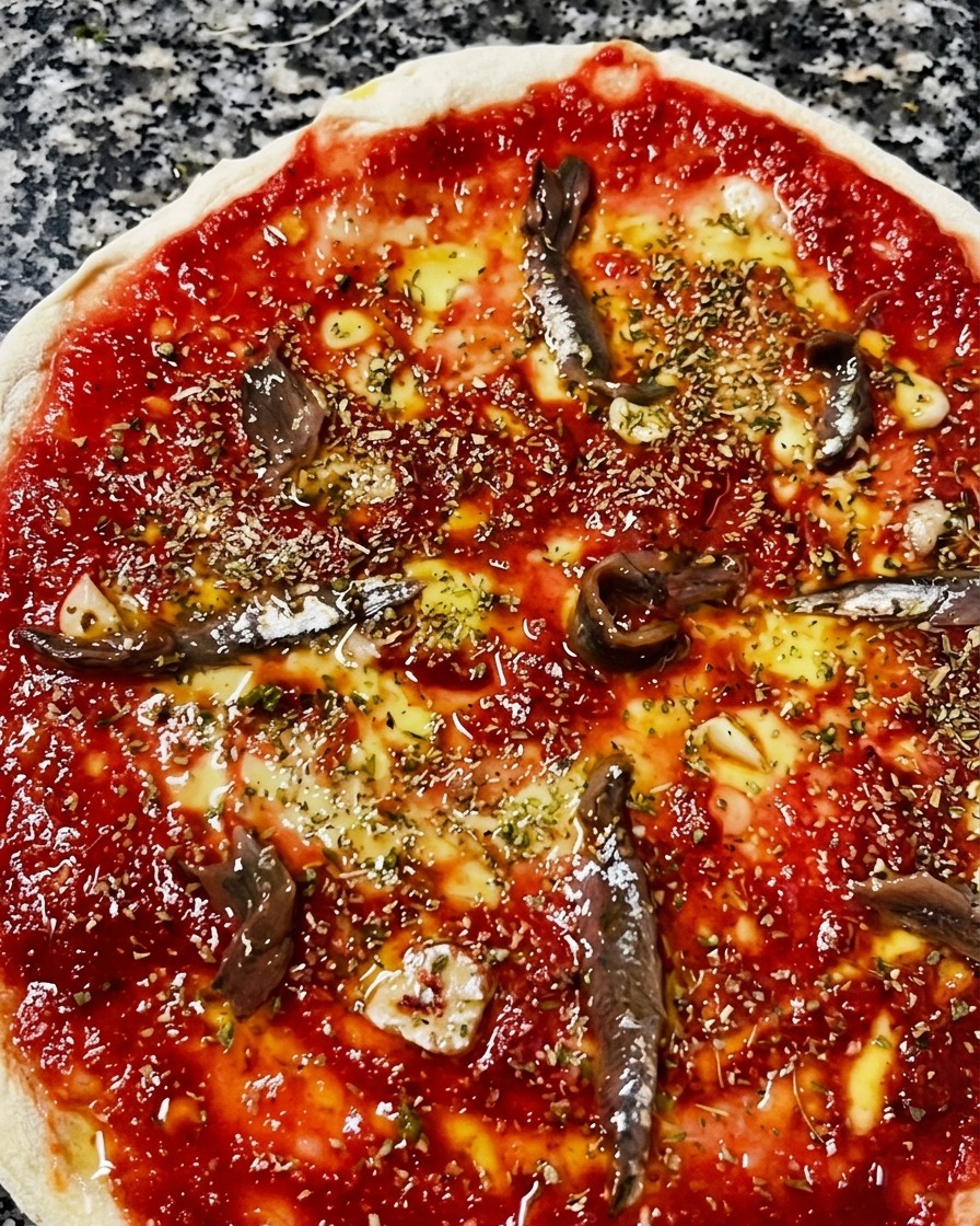 A close-up overhead view of a raw pizza base topped with tomato sauce, olive oil, dried oregano, garlic, and scattered marinated anchovy fillets.