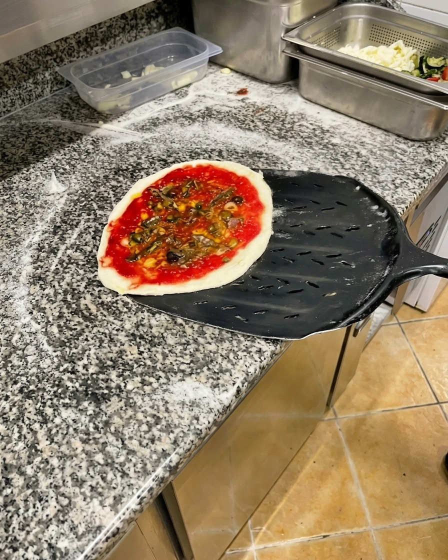 Unbaked Neapolitan pizza with tomato sauce, anchovies, and olives resting on a black metal pizza peel.