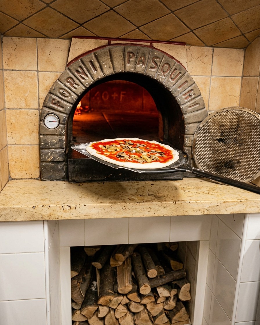 Sliding a raw pizza off a metal peel directly into a glowing hot wood fired brick oven.