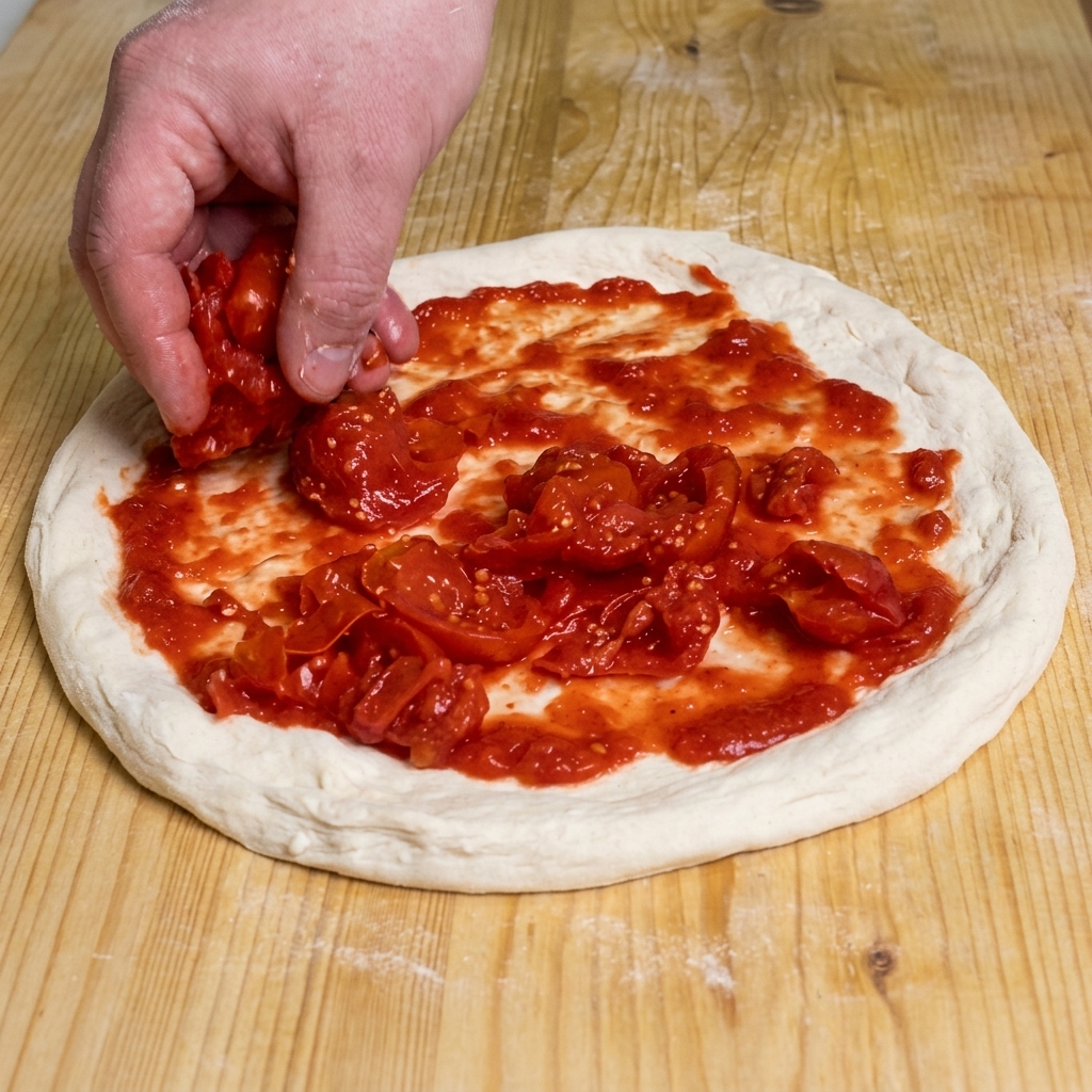 A hand placing large, rustic chunks of bright red tomato flesh onto pizza dough that is already coated with a smooth tomato sauce.