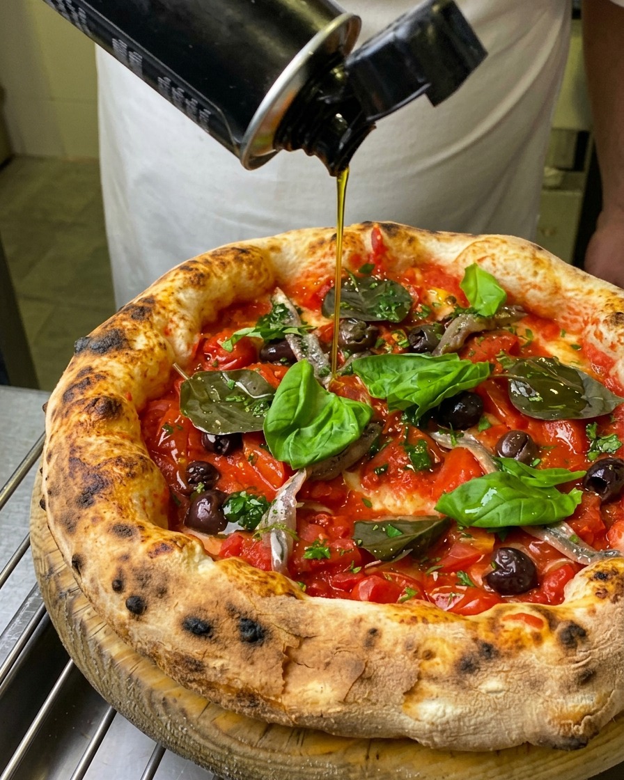 A steady stream of golden extra virgin olive oil being poured from a black bottle onto a fully garnished Marinara pizza.