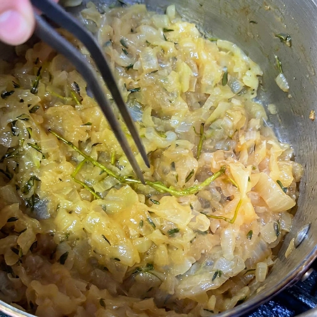 Tweezers picking a long green thyme stem out of a pot of cooked, golden caramelized onions.