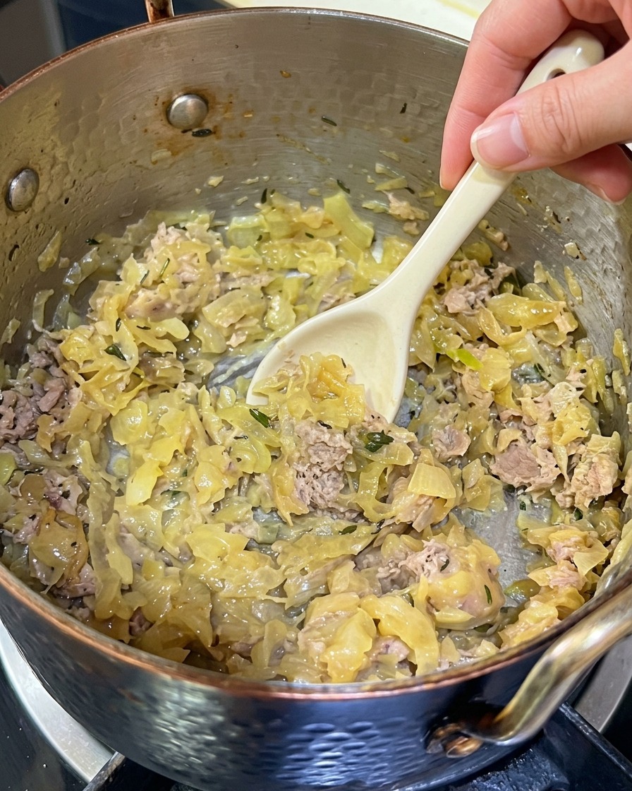 A hand using a spoon to stir mashed fish paste into a batch of golden, soft cooked onions inside a pot.
