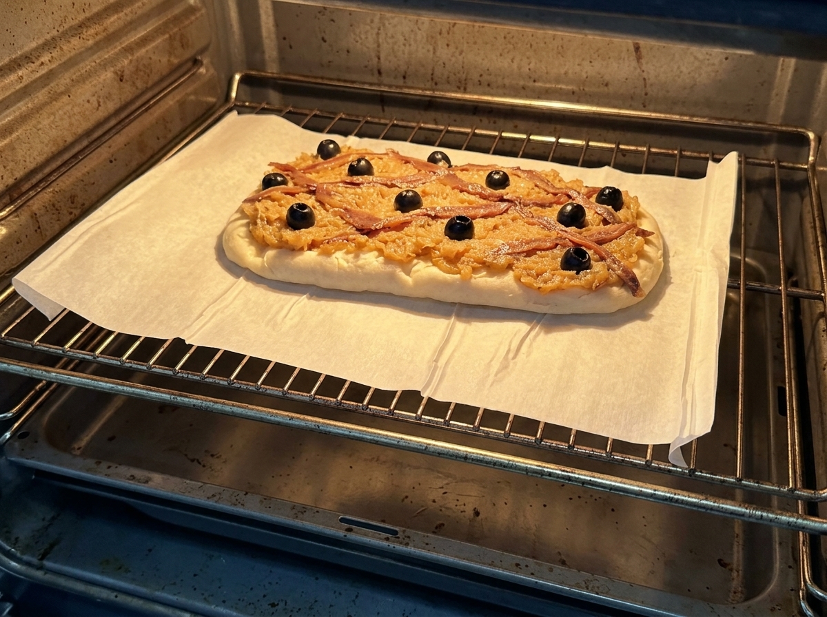 An assembled Pissaladière resting on parchment paper on an oven rack, baking inside a hot oven.