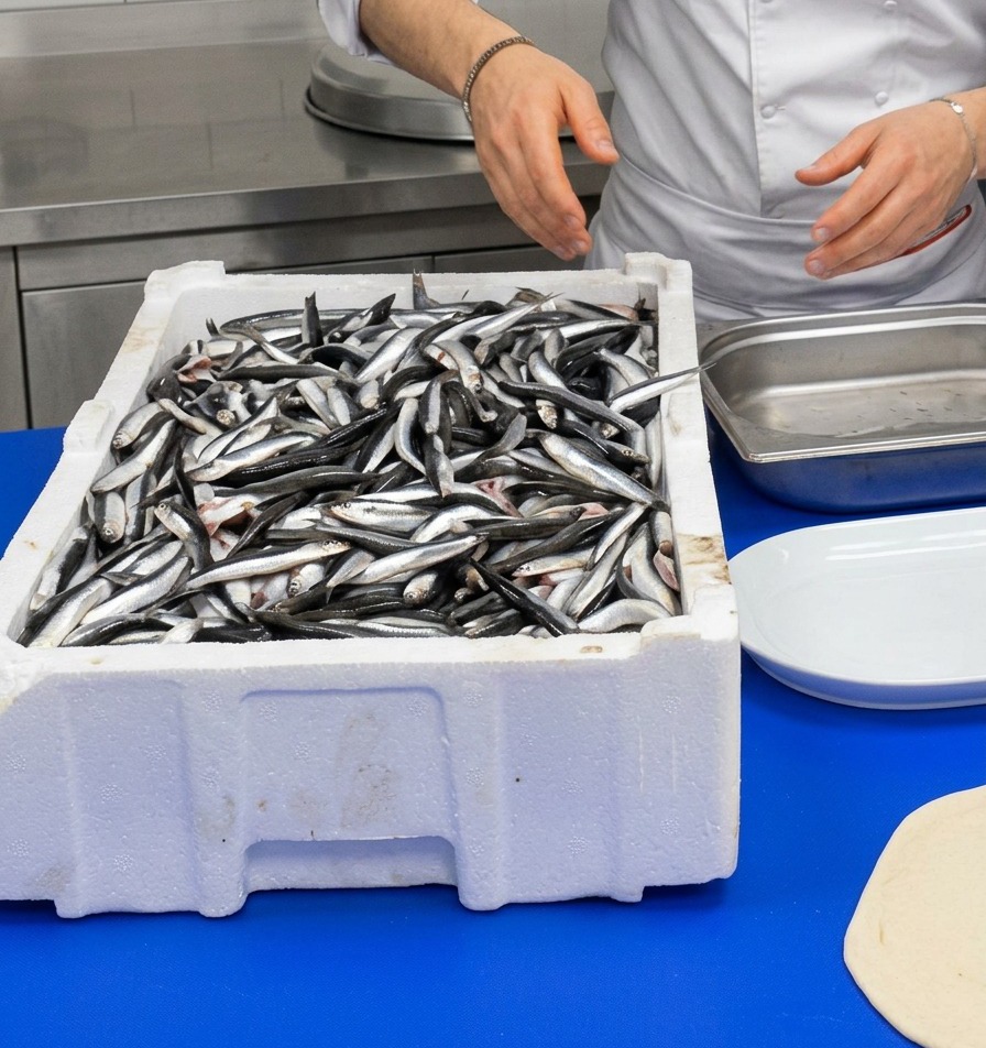 A chef in a white uniform handling a large white styrofoam box filled with raw, fresh silvery anchovies.