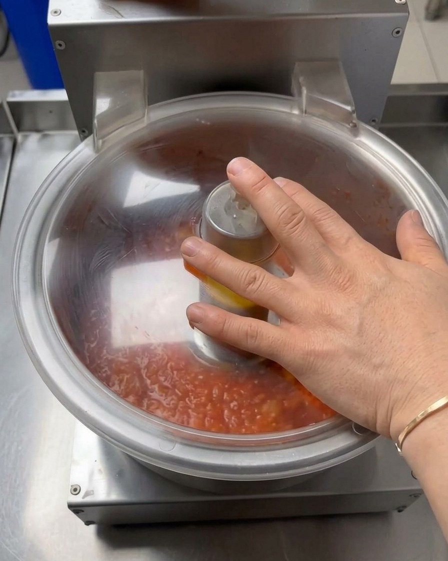 A hand pressing down on the lid of a commercial food processor as it blends fresh tomatoes into a vibrant red sauce.