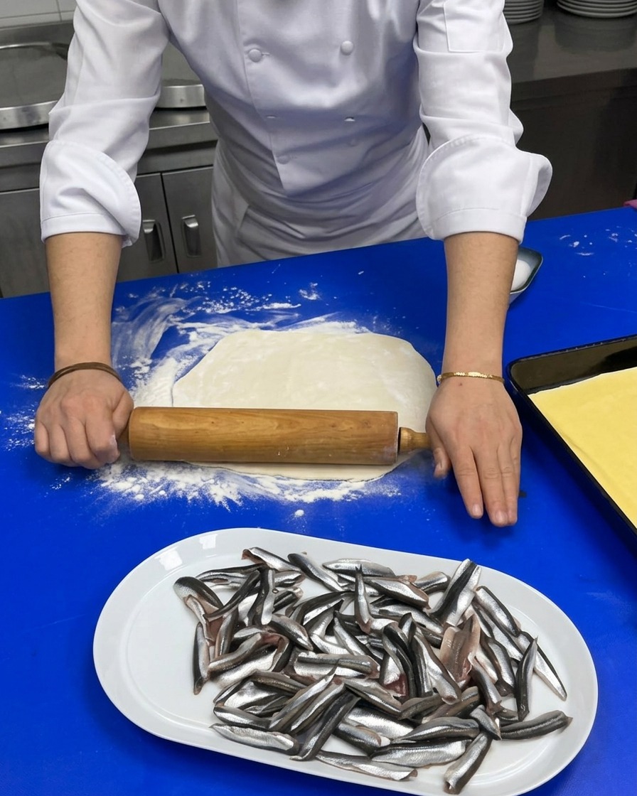 Chefs hands using a wooden rolling pin to flatten a circle of pizza dough on a floured blue countertop, with a plate of cleaned anchovies nearby.