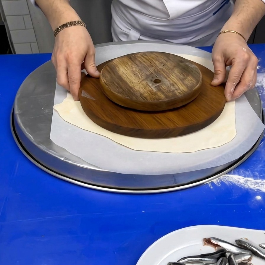 Chef placing a circular wooden template onto a rolled-out sheet of dough over a metal tray.