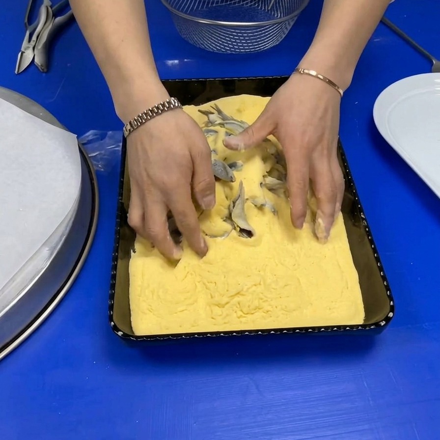 Chefs hands tossing fresh whole anchovies in a rectangular tray filled with bright yellow cornmeal.