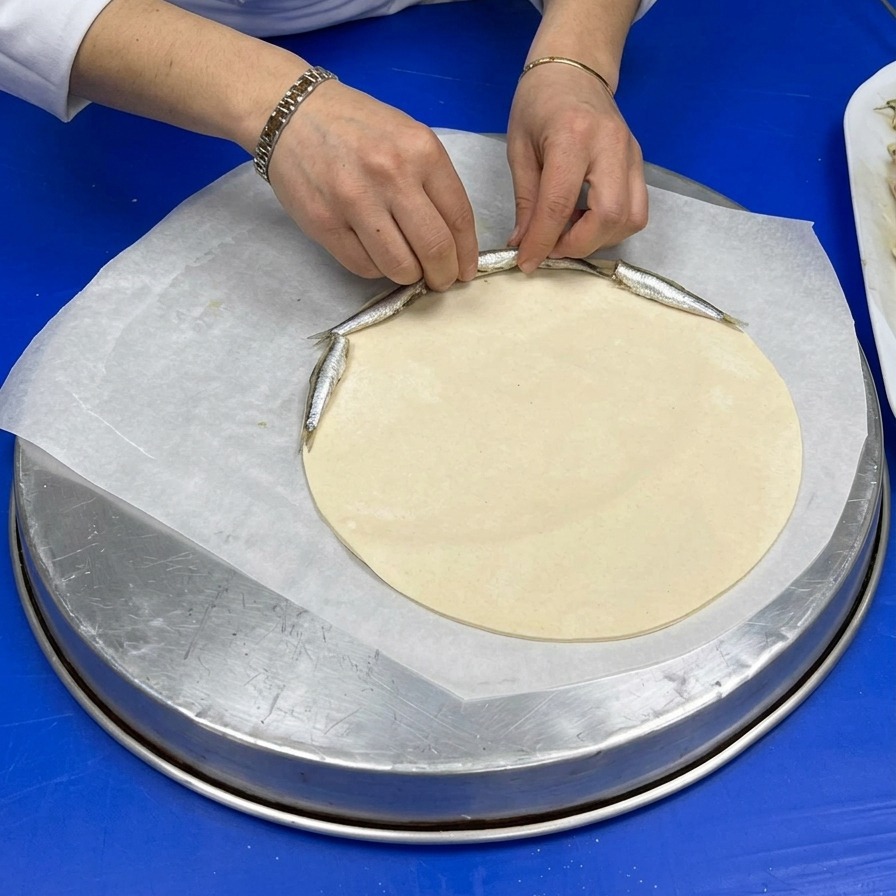 Chef meticulously arranging small, coated anchovies in a circular border along the edge of the raw pizza dough.