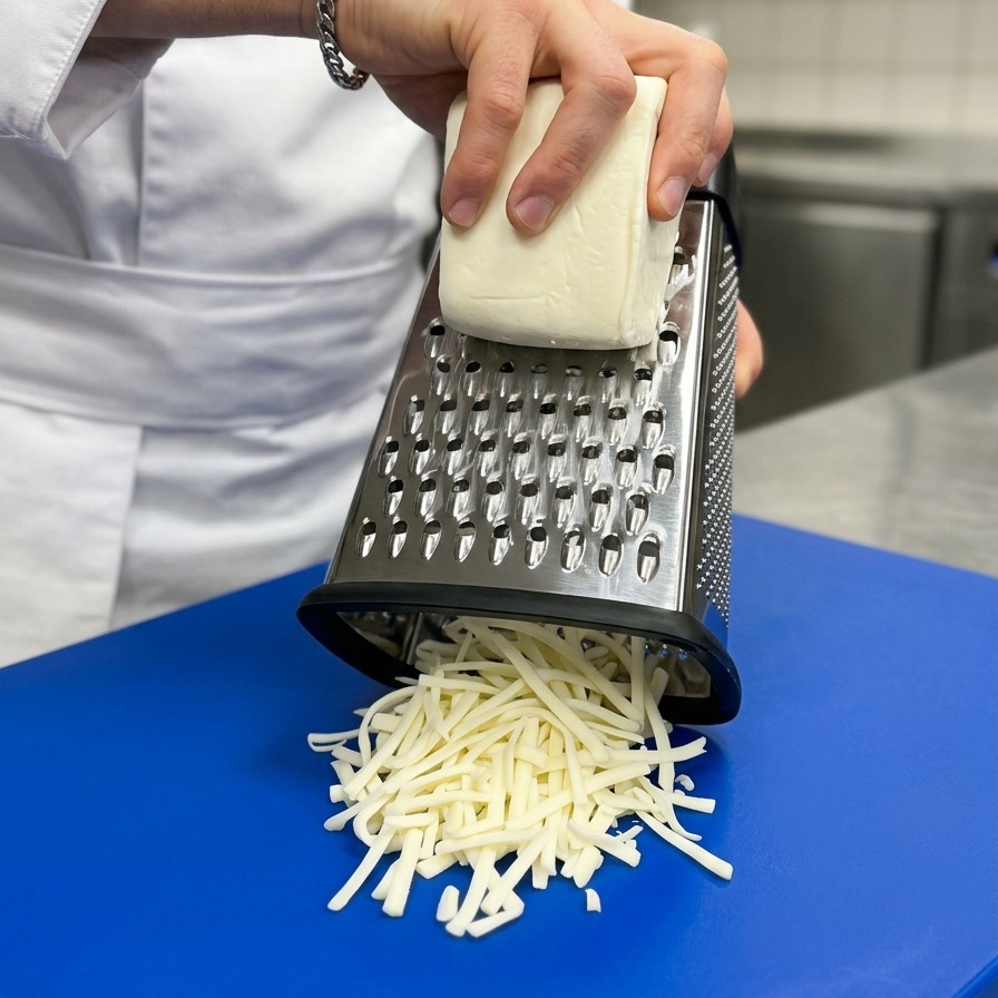 A chefs hands shredding a block of white cheese using a silver box grater onto a blue cutting board.