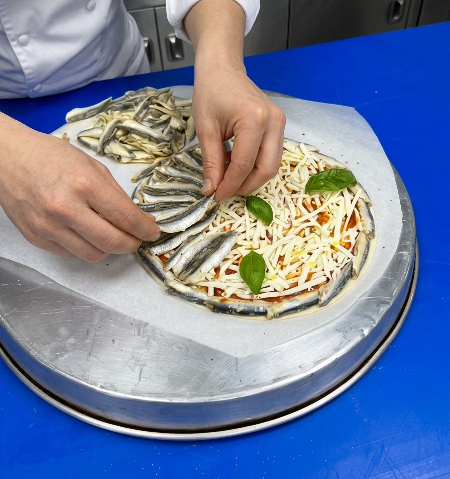 A chef meticulously layering small whole anchovy fillets in a circular pattern to cover the cheese layer on a pizza.