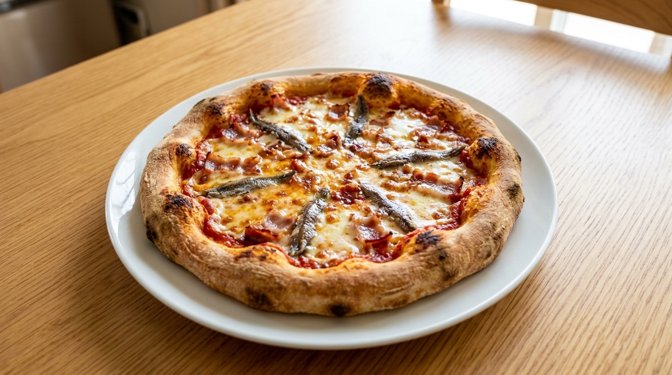 Crispy Homemade Anchovy and Bacon Pan Pizza