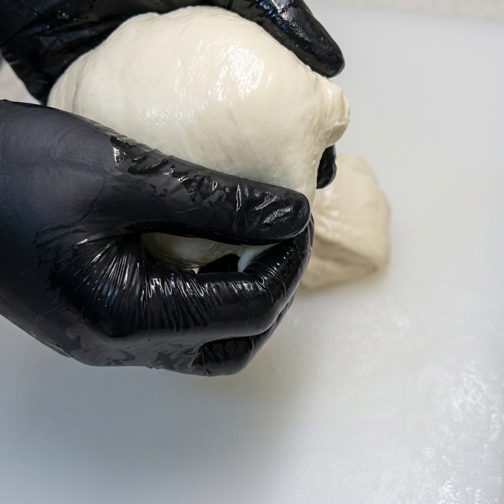 Gloved hands closely shaping a smooth, elastic piece of pizza dough into a tight round ball.
