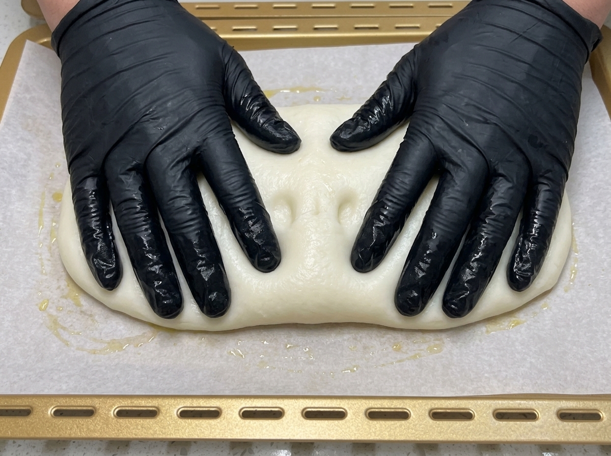 Hands wearing black gloves gently pressing and stretching pizza dough flat onto a parchment-lined baking tray.