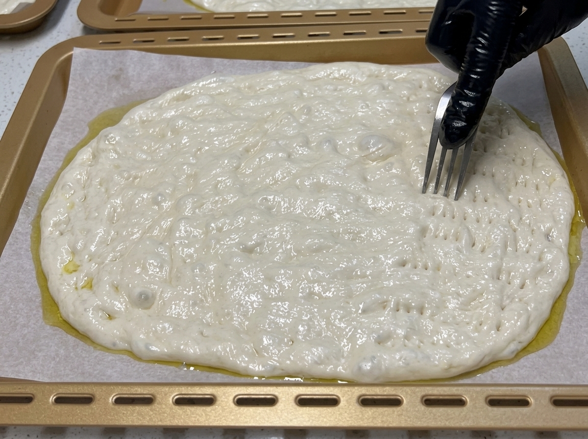 A black-gloved hand using a silver fork to poke small holes all over the surface of flattened pizza dough on a baking tray.