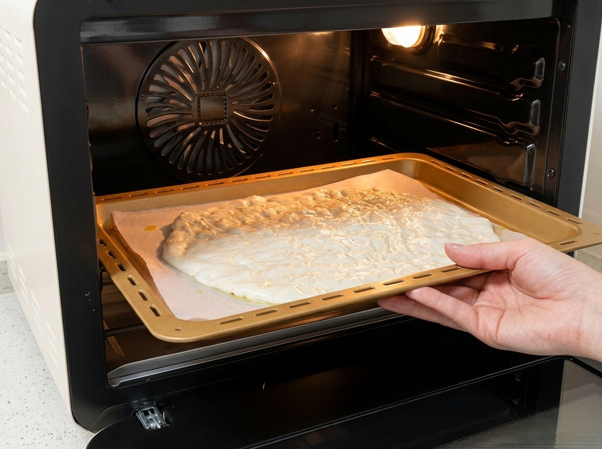 A hand sliding a baking tray with flattened, docked pizza dough into a preheated small countertop oven.