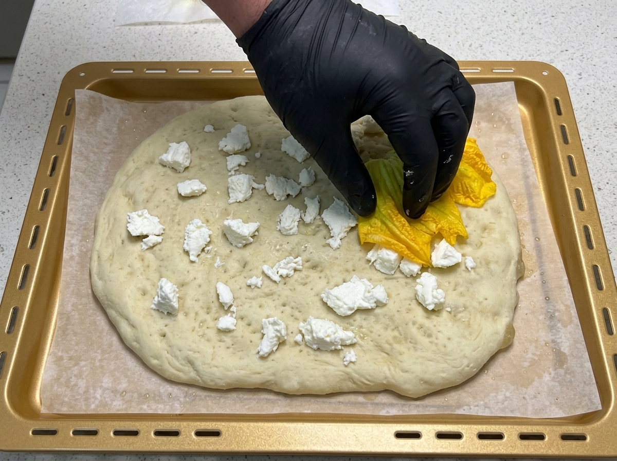 A gloved hand laying open, bright yellow pumpkin flowers evenly over a pizza crust topped with chunks of mozzarella cheese.