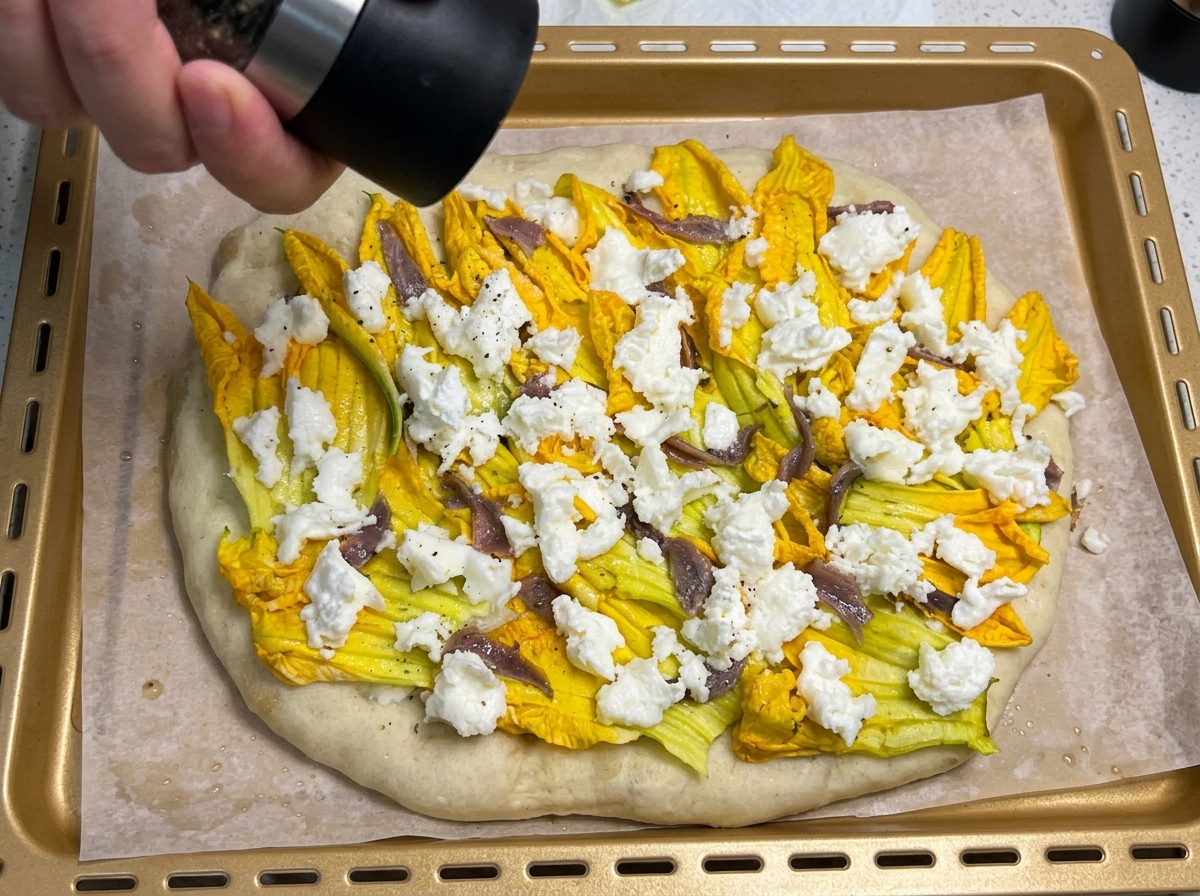A hand using a black pepper grinder over a fully assembled pizza topped with pumpkin flowers, anchovies, and fresh mozzarella cheese.