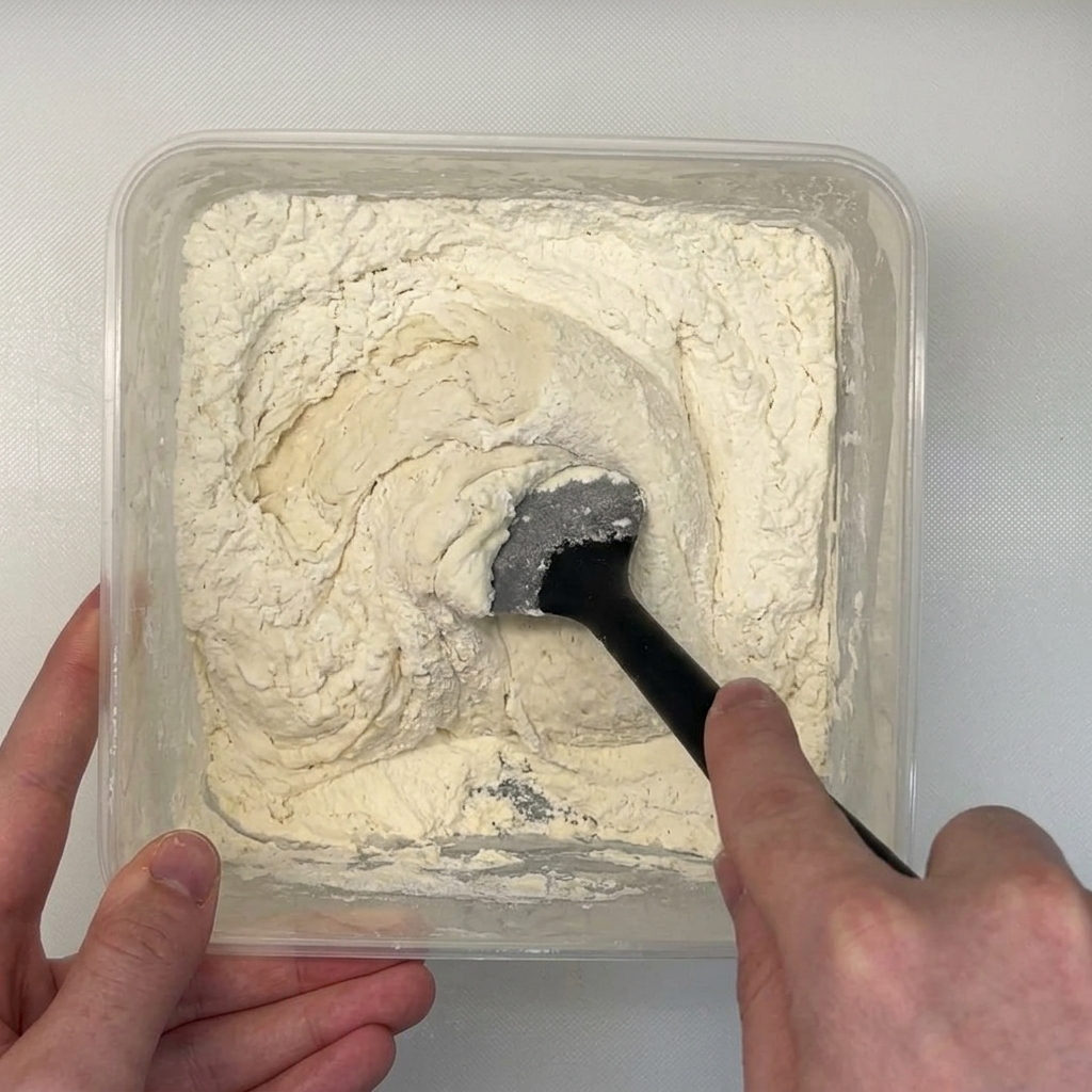 A spatula folding dry white flour into a wet, bubbly fermented starter inside a plastic container.