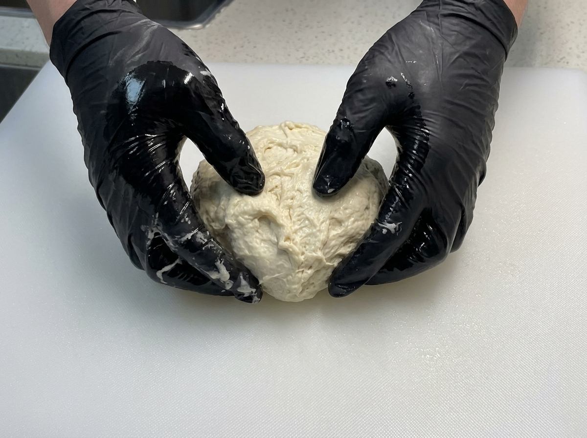 Two black gloved hands gently shaping a glossy, sticky dough ball on a white cutting board.