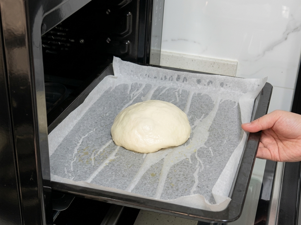 A hand placing a baking tray with a smooth, round ball of pizza dough into an unheated oven.