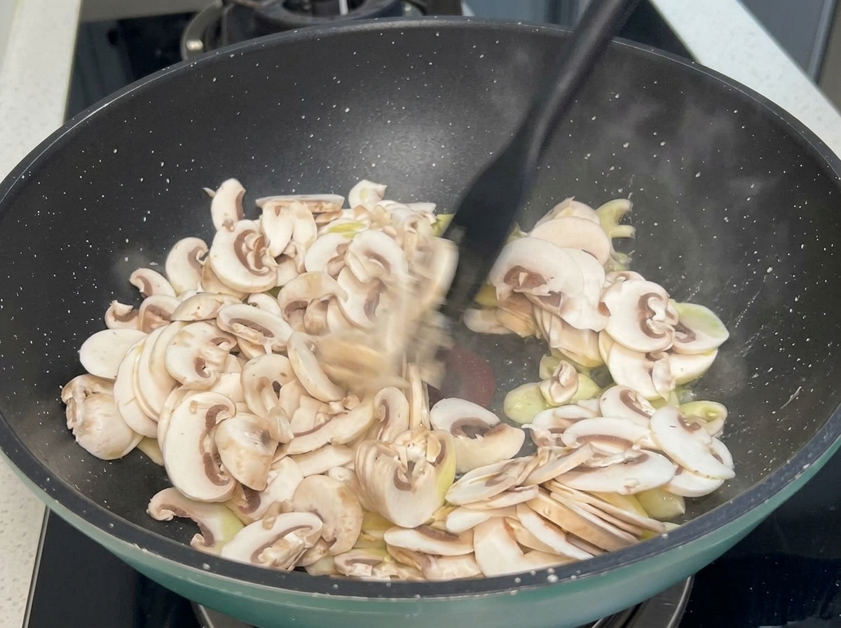 Sliced white mushrooms and garlic cloves being stirred in a hot skillet with a black spatula.