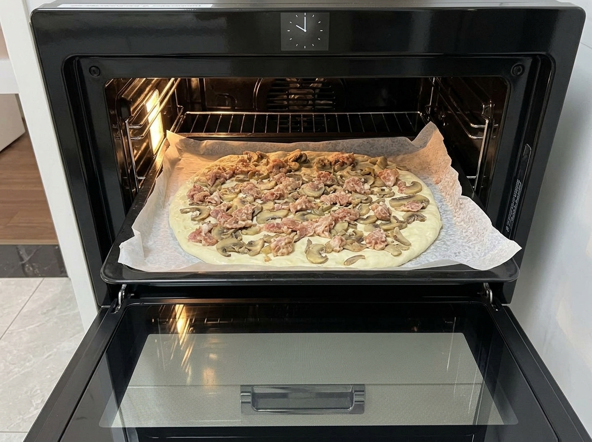 A baking tray with a mushroom and sausage topped pizza being placed into a preheated oven.