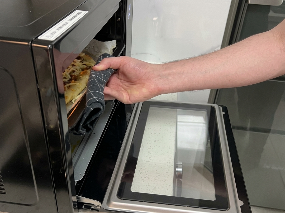 A hand holding a checkered oven mitt sliding a pizza tray with cheese-topped pizza into a small black countertop oven.