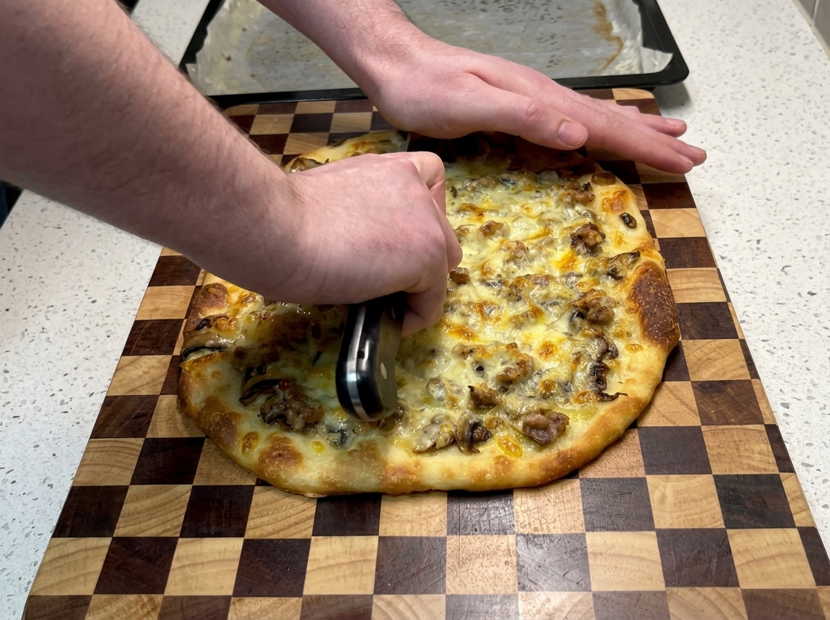 Two hands pressing down on a large curved knife to cut a freshly baked sausage and mushroom pizza on a wooden checkered board.