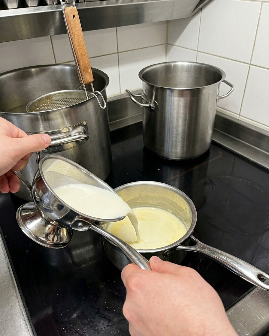 Slowly pouring milk from a small pitcher into a saucepan with roux.