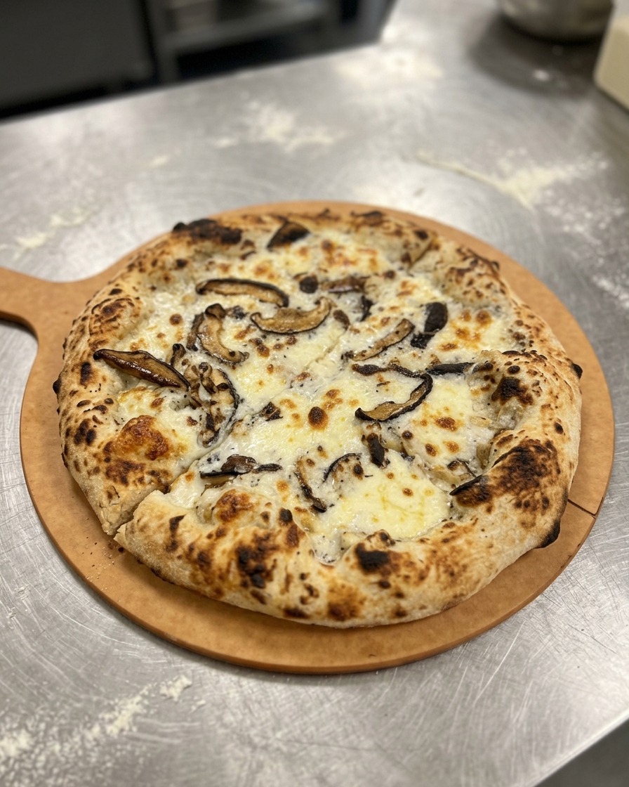 A fully baked mushroom pizza with a blistered crust, cut into quarters on a wooden pizza peel.