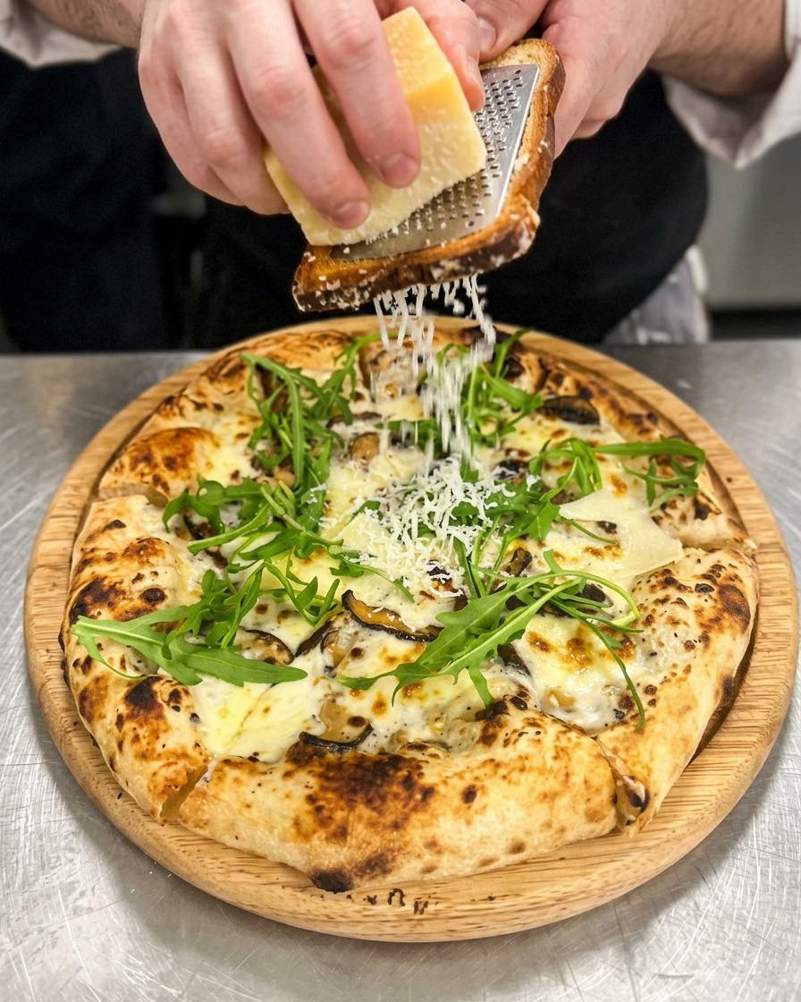 A person grating fresh Parmesan cheese from a block over a freshly baked mushroom and arugula pizza.